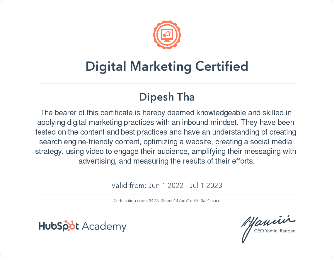 Hubspot Academy digital marketing certified
